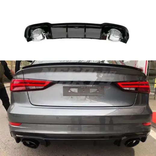 Diffuser With Black Exhaust Tips For Audi A3 S Line/S3 8V (Cabriolet & Sedan) (2016-2020) Facelift – RS3 Look, Gloss Black