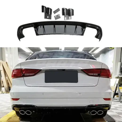 Diffuser With Black Exhaust Tips For Audi A3 S Line/S3 8V (Cabriolet & Sedan) (2016-2020) Facelift – S3 Look, Gloss Black