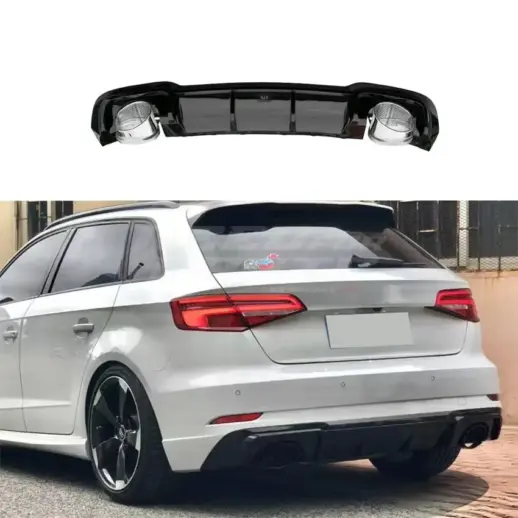 Diffuser With Black Exhaust Tips For Audi A3 S Line/S3 8V (Hatchback & Sportback) Facelift – RS3 Look, Gloss Black