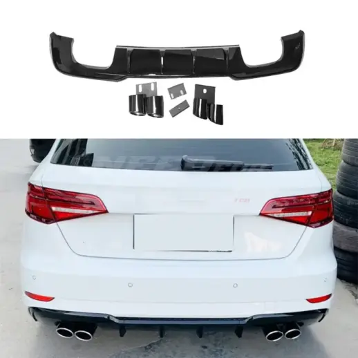 Diffuser With Black Exhaust Tips For Audi A3 S Line/S3 8V (Hatchback & Sportback) Facelift – S3 Look, Gloss Black