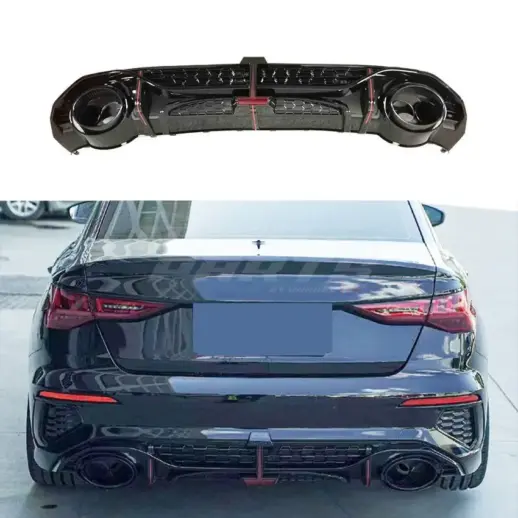 Diffuser With Black Exhaust Tips For Audi A3 S Line/S3 8Y (Sedan) (2020-2024) Pre-Facelift – RS3 Racing Look, Gloss Black