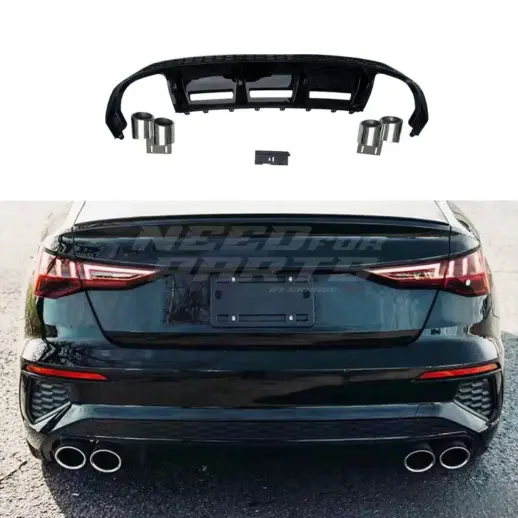 Diffuser With Black Exhaust Tips For Audi A3 S Line/S3 8Y (Sedan) (2020-2024) Pre-Facelift – S3 Look, Gloss Black