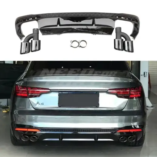 Diffuser With Black Exhaust Tips For Audi A4 S Line/S4 B9 (Avant & Sedan) (2019-present) – S4 Look, Gloss Black