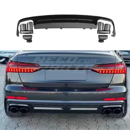 Diffuser With Black Exhaust Tips For Audi A6 S Line/S6 C8 (Avant & Sedan) Pre-Facelift – S6 Look, Gloss Black