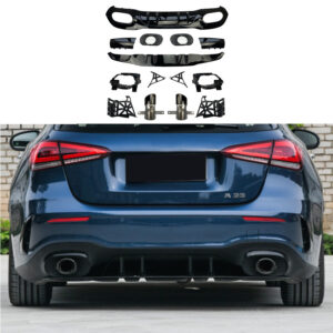 Diffuser With Black Exhaust Tips Voor Mercedes A Class W177 AMG Line & A35 AMG & A45 AMG – O-O – A35 AMG Look, Hoogglans Zwart