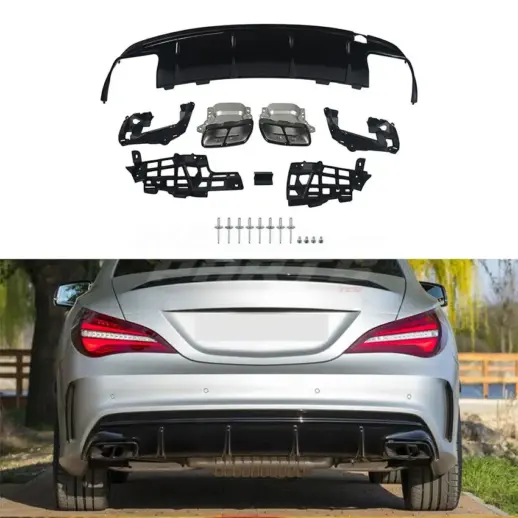 Diffuser With Black Exhaust Tips For Mercedes CLA Class C117/X117 AMG Line & CLA45 AMG Only – CLA 45 AMG Look, Gloss Black