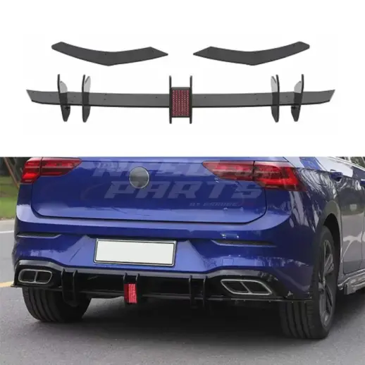 LED Diffuser Extension With Rear Side Splitters For Volkswagen Golf 8 (Hatchback) (2020-2024) R Line Only – Sport Look, Gloss Black