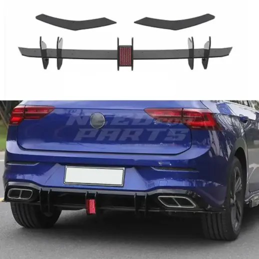 LED Diffuser Extension With Rear Side Splitters For Volkswagen Golf 8 (Hatchback) (2020-2024) Standard Only – Sport Look, Gloss Black