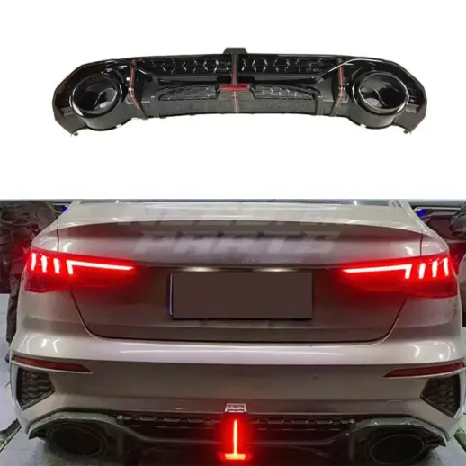 LED Diffuser With Black Exhaust Tips For Audi A3 S Line/S3 8Y (Sedan) (2020-2024) Pre-Facelift – RS3 Racing Look, Gloss Black