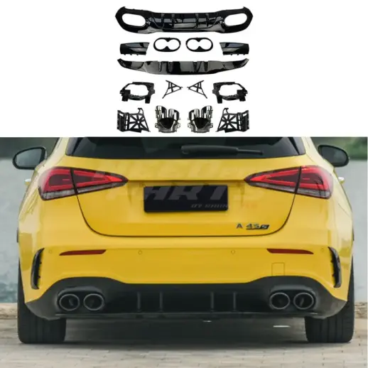 Diffuser met chroom uitlaatsierstukken voor Mercedes A Class W177 AMG Line & A35 AMG & A45 AMG – OO-OO – AMG Look, Hoogglans Zwart
