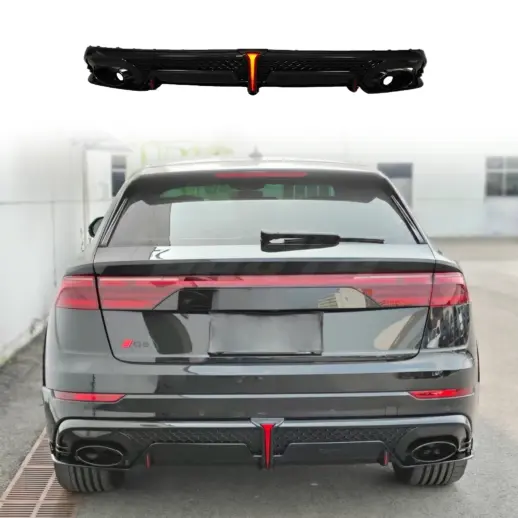 Diffuser met LED-remlicht en zwarte uitlaatsierstukken voor Audi Q8 S Line/SQ8 4M (SUV) Facelift – O-O – RSQ8 Racing Look, Hoogglans Zwart