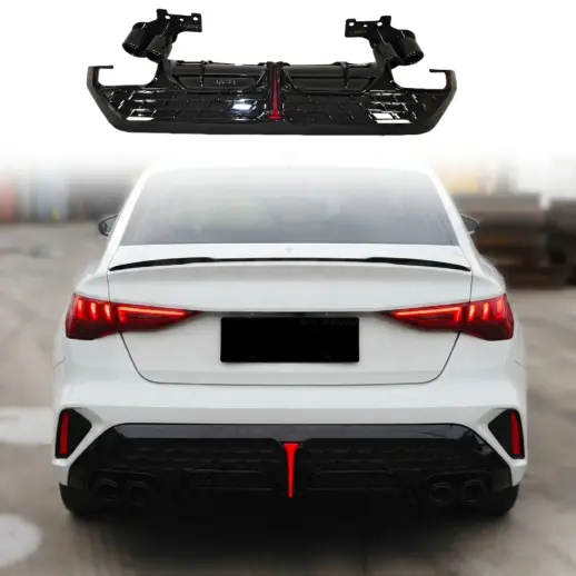 Diffuser met LED-remlicht en zwarte uitlaatsierstukken voor Audi A3 S Line/S3 8Y (Sedan) Facelift – OO-OO – S3 Racing Look, Hoogglans Zwart