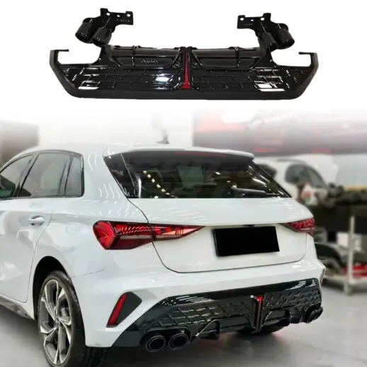 Diffuser met zwarte uitlaatsierstukken voor Audi A3 S Line/S3 8Y (Sportback) Facelift – OO-OO – S3 Racing Look, Hoogglans Zwart