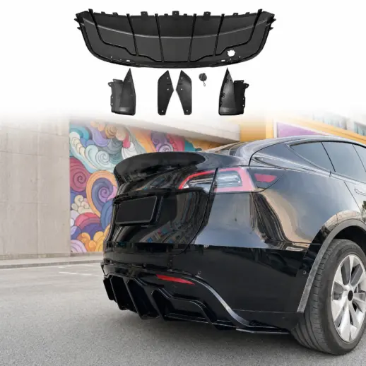 Diffuser splitter met zijsplitters achter voor Tesla Model Y MY Pre-Facelift – Performance Look, Hoogglans Zwart