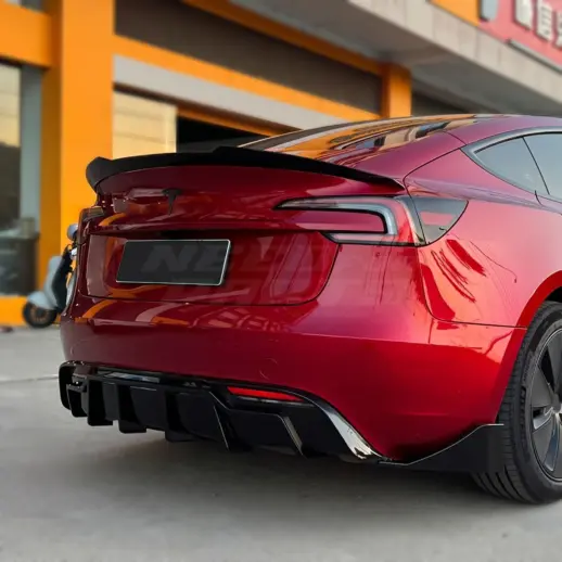 Diffuser splitter met zijsplitters achter voor Tesla Model 3 M3 Facelift – Performance Look, Hoogglans Zwart