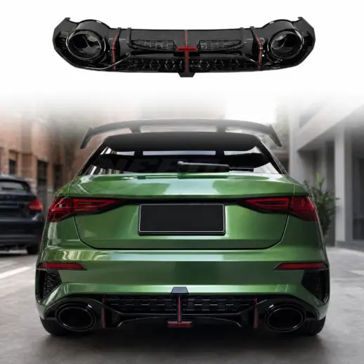 Diffuser met zwarte uitlaatsierstukken voor Audi A3 S Line/S3 8Y (Sportback) Pre-Facelift – O-O – RS3 Sport Look, Hoogglans Zwart