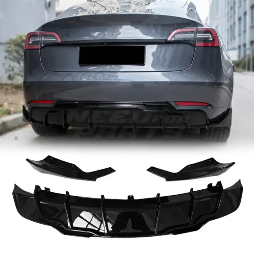 Diffuser splitter met zijsplitters achter voor Tesla Model 3 M3 Pre-Facelift – Performance Look, Hoogglans Zwart