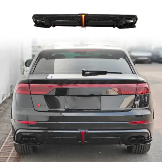 Diffuser met LED-remlicht en zwarte uitlaatsierstukken voor Audi Q8 S Line/SQ8 4M (SUV) Facelift – OO-OO – SQ8 Racing Look, Hoogglans Zwart