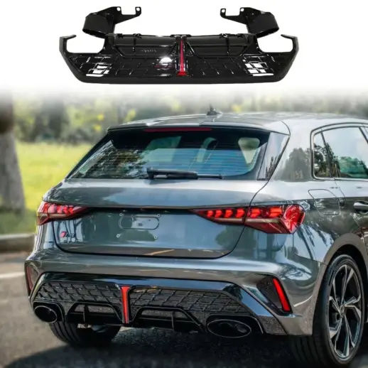 Diffuser met LED-remlicht en zwarte uitlaatsierstukken voor Audi A3 S Line/S3 8Y (Sportback) Pre-Facelift – OO-OO – RS3 Racing Look, Hoogglans Zwart