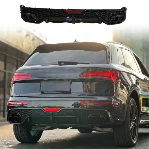 Diffuser met LED-remlicht en zwarte uitlaatsierstukken voor Audi Q5 S Line/SQ5 FY (SUV) Pre-Facelift – OO-OO – SQ5 Racing Look, Hoogglans Zwart