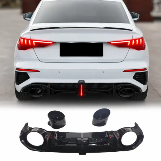 Diffuser met LED-remlicht en zwarte uitlaatsierstukken voor Audi A3 S Line/S3 8Y (Sportback) Pre-Facelift – O-O – RS3 Sport Look, Hoogglans Zwart