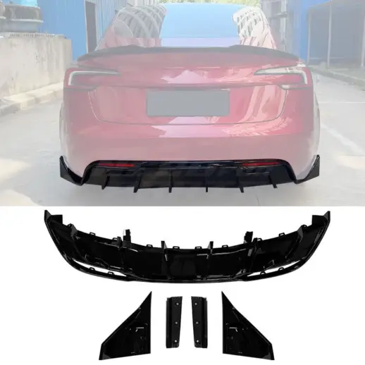 Diffuser splitter met zijsplitters achter voor Tesla Model 3 M3 Facelift – Performance Look, Hoogglans Zwart