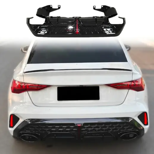 Diffuser met zwarte uitlaatsierstukken voor Audi A3 S Line/S3 8Y (Sedan) Facelift – O-O – RS3 Racing Look, Hoogglans Zwart