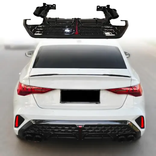 Diffuser met zwarte uitlaatsierstukken voor Audi A3 S Line/S3 8Y (Sedan) Facelift – OO-OO – S3 Racing Look, Hoogglans Zwart