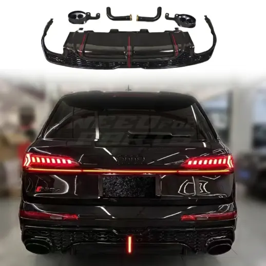 Diffuser met LED-remlicht en zwarte uitlaatsierstukken voor Audi Q7 S Line/SQ7 4M (SUV) Facelift – OO-OO – SQ7 Racing Look, Hoogglans Zwart
