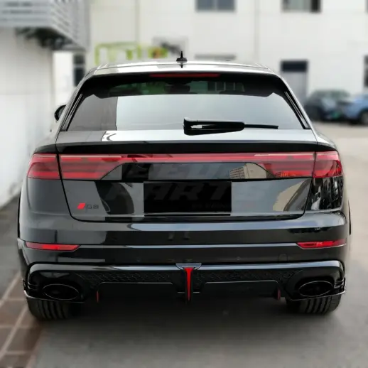 Diffuser met LED-remlicht en zwarte uitlaatsierstukken voor Audi Q8 S Line/SQ8 4M (SUV) Facelift – O-O – RSQ8 Racing Look, Hoogglans Zwart