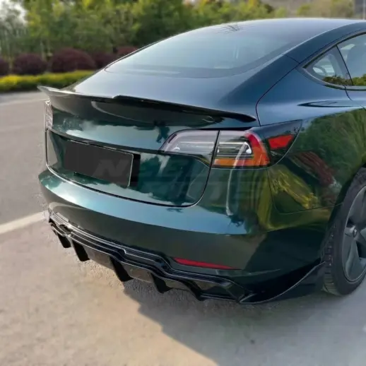 Diffuser splitter met zijsplitters achter voor Tesla Model 3 M3 Pre-Facelift – Performance Look, Hoogglans Zwart