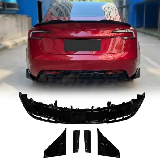 Diffuser splitter met zijsplitters achter voor Tesla Model 3 M3 Facelift – Performance Look, Hoogglans Zwart